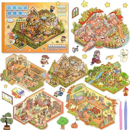 ASTARON 6 Sets DIY Large Size Sticker Scene Book, Make Own Shop Room by ASTARON
