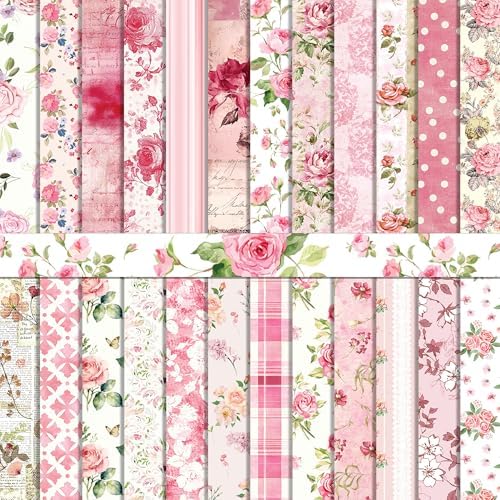 24 Sheets Pink Flower Scrapbook Paper 12'' x 12'' Vintage Floral Rose Pattern Paper Pad Floral Double-Sided Scrapbook Pad Retro Scrapbooking Pack for Card Making, Origami, DIY Background, Photo Album by Jajajuegos