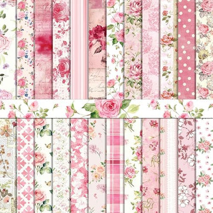 24 Sheets Pink Flower Scrapbook Paper 12'' x 12'' Vintage Floral Rose Pattern Paper Pad Floral Double-Sided Scrapbook Pad Retro Scrapbooking Pack for Card Making, Origami, DIY Background, Photo Album by Jajajuegos