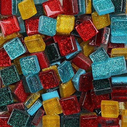 Mixed Color Mosaic Glass Tiles Shine Crystal Glass Pieces Bulk Square Glitter Crystal Mosaic Tiles for Home Decoration or DIY Crafts 200g,1x1 cm (Colorful)