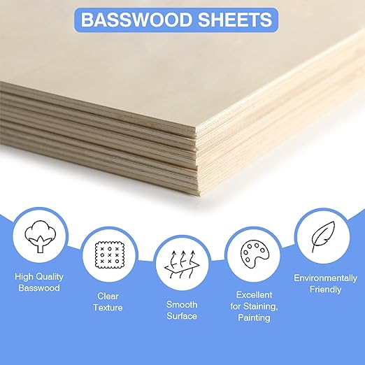 VKIZA 12 Pack Basswood Sheets for Crafts 12x18x1/8 Inch, 3mm Thick Unfinished Plywood for Laser Cutting & Engraving, DIY Ornaments and Architectural Model