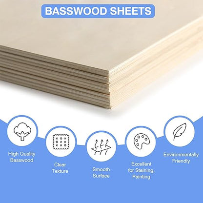 VKIZA 12 Pack Basswood Sheets for Crafts 12x18x1/8 Inch, 3mm Thick Unfinished Plywood for Laser Cutting & Engraving, DIY Ornaments and Architectural Model