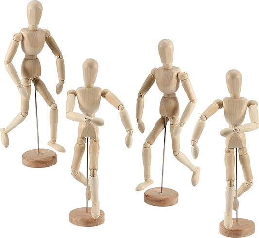 JOIKIT 4 Pack 8.5 Inch Wooden Artists Model, Wooden Art Mannequin Articulated Mannequin with Stand and Posable Body, Movable Wooden Manikin for Drawing The Human Figure
