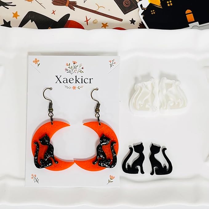 Xaekicr Halloween Moon and Cat Polymer Clay Cutters Set – 3Pcs Clay Earring Cutters for Halloween Earrings Making – Polymer Clay Molds and Tools for Jewelry DIY