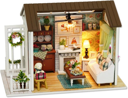 DIY Miniature Dollhouse Kits - Wooden Mini Model House with LED Lights, Tiny Furniture & Accessories – Craft Building Kits for Adults – Birthday Christmas Valentine's Gift- Happy Time by ESTUSR