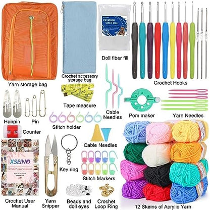 XSEINO Crochet Kit with Step-by-Step Video Tutorials，Premium Bundle Includes 12 Roll x50Yard Acrylic Yarn Balls, 12 Crochet Hooks, Crochet Bag and All Accessories Kit, Crochet Kit for Beginners - Image 2