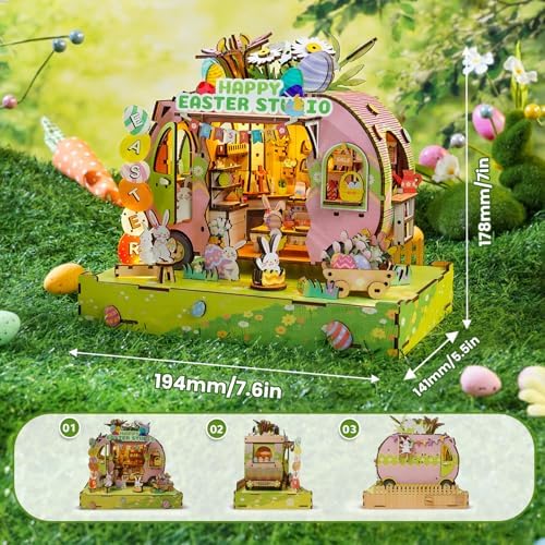 DIY Miniature House Kit (Easter Egg Truck) Tiny Dollhouse Kits for Adults to Build, Mini Model Kits with LED&Music Box, Wooden Adults Crafts Puzzles, Birthday Gifts for Family Friends - Image 3