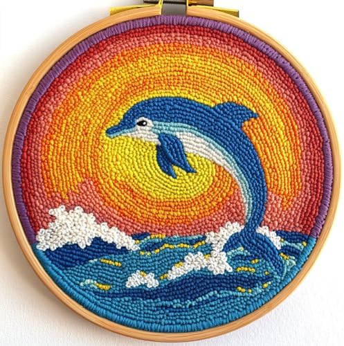 DIY Punch Needle Kits Dolphin Jumping Under Sunset with Hoop 20x20cm-1 by Unknown