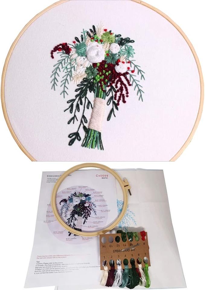 3 Sets Embroidery Starter Kit with Pattern and Instructions,Cross Stitch Beginner Kits with Frame,3 Plastic Embroidery Hoops,3 Embroidery Clothes and Color Threads (3 X Flower Pattern)