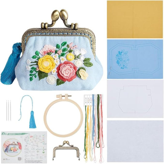 PLIGREAT DIY Flower Embroidery Coin Purse Kits for Beginners, Blue Stamped Sewing Handbag with Kiss Clasp Lock Cute Floral Handmade Change Purse Kit with All Supplies for Adults Women DIY Making