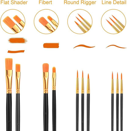 AROIC Paint Brush Set, 10 Pack 100 Pcs Acrylic Paint Brushes Artist Paint Brushes for Oil Watercolor Acrylic Face Rock Painting（Black）