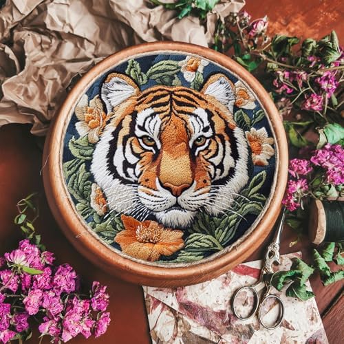 FONNUY Tiger Floral Embroidery Kit, Cross Stitch Kits for Beginners, Handmade Crafts with Printed Patterns for Beginner Adults, Easy to Follow Color Thread Needlework, 8'' Hoop - Image 3