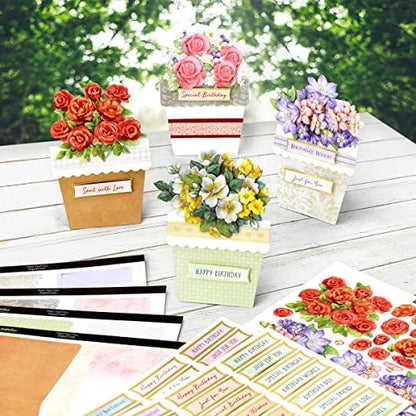 Katy Sue Flower Patch Pots Card Making Kit. 8 Cards, 8 Envelopes, 3 Sheets of Floral Die-Cut Decoupage, Adhesive Pads, & 2 Sheets of Birthday Sentiments Banners for Card Making Supplies - Image 4