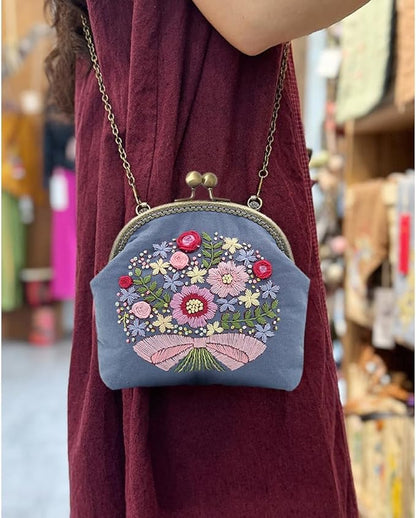 Eforcase Flower Embroidery Kit Tote Bag, Embroidery Coin Purse Kits Handbag Hand Embroidery Kit for Adults Beginner with Embroidery Patterns, Embroidery Hoop,DIY Sewing Kit