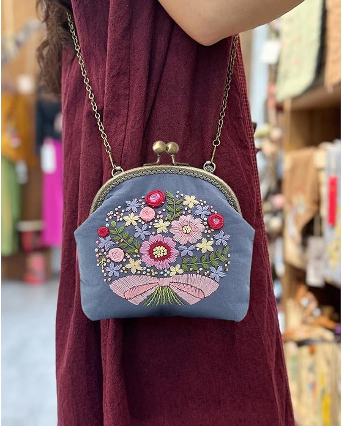 Eforcase Flower Embroidery Kit Tote Bag, Embroidery Coin Purse Kits Handbag Hand Embroidery Kit for Adults Beginner with Embroidery Patterns, Embroidery Hoop,DIY Sewing Kit