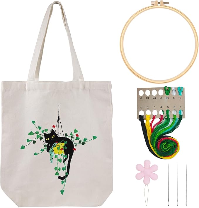 Louise Maelys Canvas Tote Bag Embroidery Kit for Beginners,Cross Stitch Kits for Adults,Arts and DIY Crafts Needlepoint with Plant Cat Pattern,Women Shopping Reusable Grocery Bags