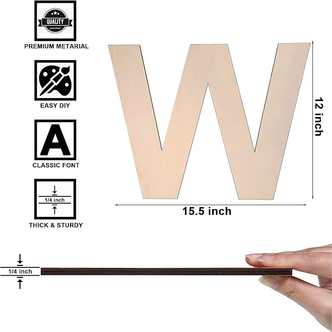 12 Inch Wooden Letter W, 1/4 Inch Thick Large Unfinished Wood Letter for DIY Crafts Home Wall Decor