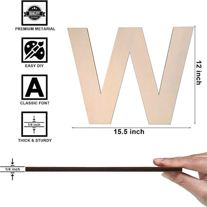 12 Inch Wooden Letter W, 1/4 Inch Thick Large Unfinished Wood Letter for DIY Crafts Home Wall Decor