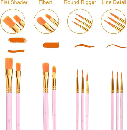AROIC Acrylic Paint Brushes, 6 Packs/60 pcs Nylon Hair Paint Brush Set for All Purpose Oil Watercolor Painting Artist Professional Kits (Pink)
