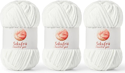 3 Pack White Chunky Chenille Yarn for Crocheting, Bulky Velvet Yarns for Crochet, Baby Yarn for Crocheting Soft Blanket, 393 yds/10.5 oz Fluffy Amigurumi Crochet Yarn