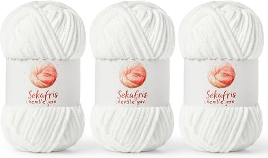 3 Pack White Chunky Chenille Yarn for Crocheting, Bulky Velvet Yarns for Crochet, Baby Yarn for Crocheting Soft Blanket, 393 yds/10.5 oz Fluffy Amigurumi Crochet Yarn