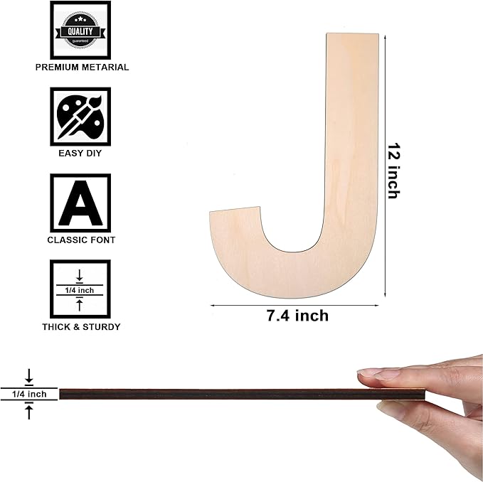 12 Inch Wooden Letter J, 1/4 Inch Thick Large Unfinished Wood Letter for DIY Crafts Home Wall Decor