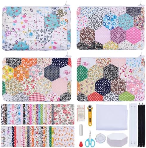 WEBEEDY 4 Sets DIY Quilted Hexagon Zipper Pouch Kit for Adult Beginners Small Quilted Zipper Bag Making Kit with Instructions DIY Makeup Pouch Bag Gift for Women Birthday Christmas, 6x3.2 inch by WEBEEDY