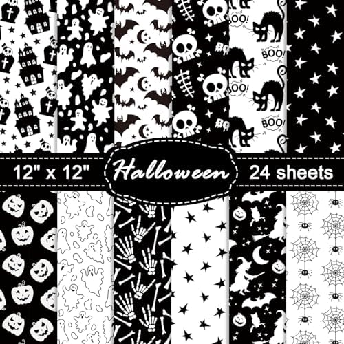 24 Sheets Halloween Pattern Paper Set, 11.8"x11.8" Scrapbooking Supplies Paper Spider Pumpkin Bat Skull Cat Witch Origami Paper - 12 Styles ﻿ by sorkwo