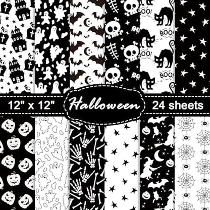 24 Sheets Halloween Pattern Paper Set, 11.8"x11.8" Scrapbooking Supplies Paper Spider Pumpkin Bat Skull Cat Witch Origami Paper - 12 Styles ﻿ by sorkwo