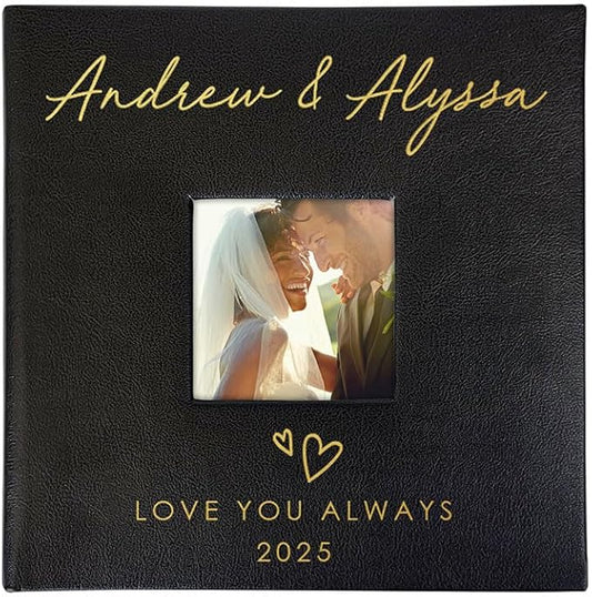 Personalized Photo Album For Couples, Holds 200 4" x 6" Photos, Engraved Hand Drawn Hearts Leatherette Picture Album, Gifts For Her, Wedding Gift, Black