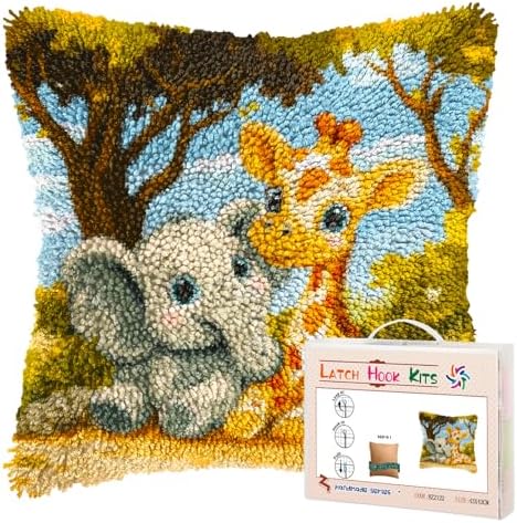 Generic DIY Latch Hook Pillow Kits Cute Elephant and Giraffe Printed Pillowcase Crochet Yarns Hooking Handmade Pillow Cover Cushion for Home Sofa Decoration 17x17inch-4 by Unknown