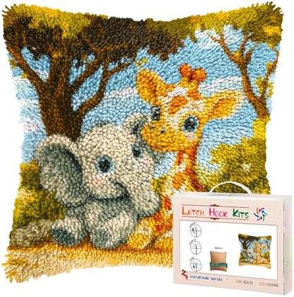 Generic DIY Latch Hook Pillow Kits Cute Elephant and Giraffe Printed Pillowcase Crochet Yarns Hooking Handmade Pillow Cover Cushion for Home Sofa Decoration 17x17inch-4 by Unknown
