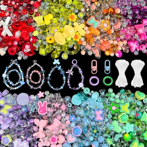 JoyJellies Assorted Acrylic Beads for Bracelets Keychain Making Kit, 8 Colors 420+PCS Mix Cute Charms Set with String and Clips Ring Flower Bow Heart Beads Crafts Jewelry DIY Phone Bag Charms by Unknown