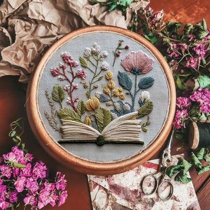 FONNUY Embroidery Kit for Beginners, Flower Book Pre-Stamped Pattern Kits for Adults with Hoop, Cross Stitch Easy to Follow Color Thread Needlework, 8'' Hoop (Green) - Image 3