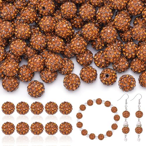 200pcs 10mm Rhinestone Beads for Jewelry Making, Brown Shiny Round Disco Ball Beads Bulk, Sparkle Crystal Clay Christmas for Bracelet Baseball Necklace Earring Crafting and DIY by TINKRSTUFF