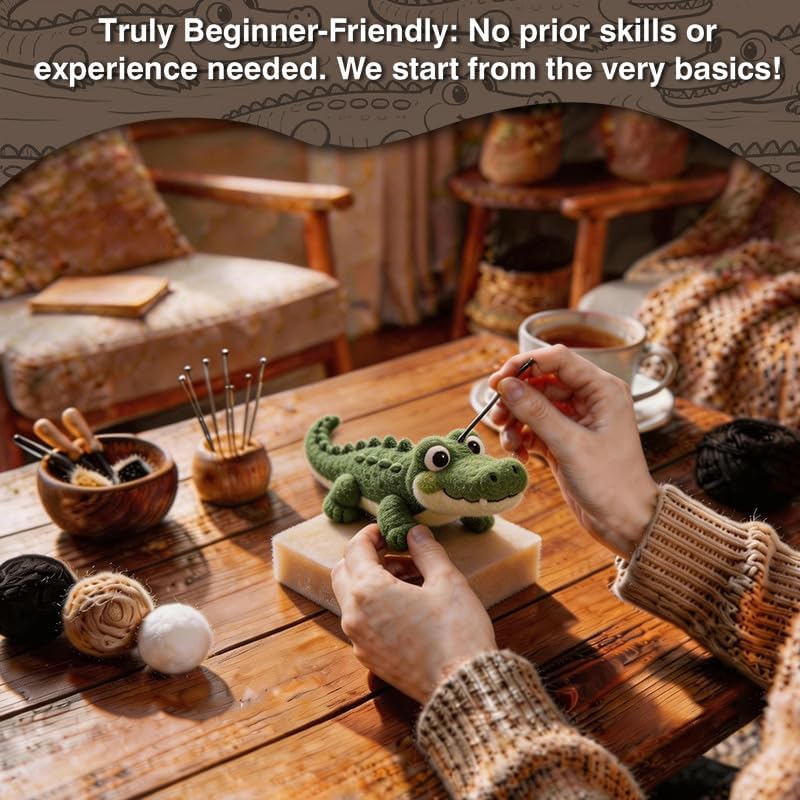 DIY Needle Felting Kit Cute Crocodile Alligator – Needle Felting Starter Kit with Fiber Roving, Needles, Felting Pad & Instructions | Felted Reptile Animal Kit for Beginners Adults | DIY Craft Gift - Image 5
