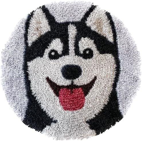 Latch Hook Rug Kit Husky Dog Easy for Beginners Round Shape Carpet Crochet Yarn Craft Mini Rug DIY Hook and Latch Little Tapestry for Home Decor 30x30cm by Unknown