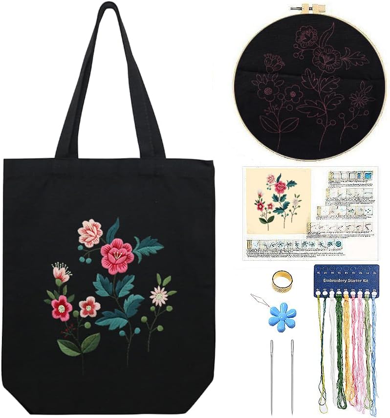 CREAWONDER Canvas Tote Bag Embroidery Kit with Pattern for Beginners, Arts and DIY Embroidery Crafts Kits for Adults, Include Instructions, Thimble, Embroidery Hoops, Color Threads and Tool by Unknown