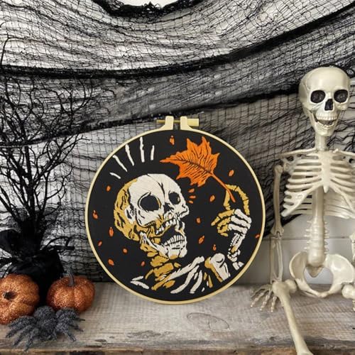 Crafmanoe Halloween Gothic Embroidery Starter Kit for Beginners Adults, Skull Skeleton Stamped Cross Stitch Kits for Beginners Adults, Funny Fall Hand Embroidery Needlepoint Kits with Video Tutorial - Image 5
