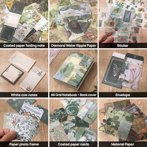 Scrapbook Photo Album Supplies Kit with Tweezers and Glue Tape, Green Aesthetic Vintage Junk Journal Scrapbooking Paper, Sticker Pack, Notebook Craft Supplies, DIY Gift for Adult Men Women (Wild Dome) - Image 5
