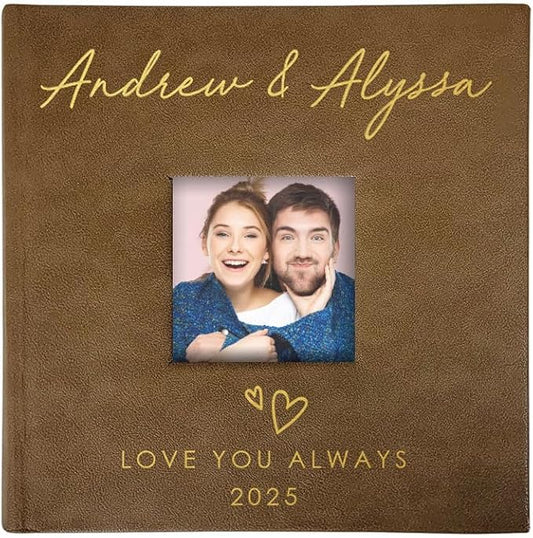 Personalized Photo Album For Couples, Holds 200 4" x 6" Photos, Engraved Hand Drawn Hearts Leatherette Picture Album, Gifts For Her, Wedding Gift, Brown