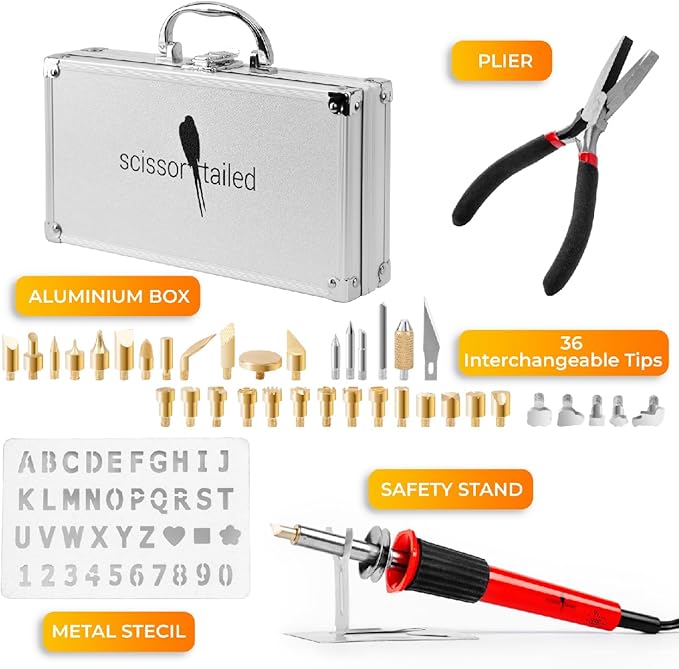 Scissor-Tailed Premium Wood Burning Kit 43PCS, Adjustable Temperature Pen with 36 Tips & Accessories, All in A Deluxe Storage Case - Complete Gift for an Effortlessly Mastering The Art of Pyrography