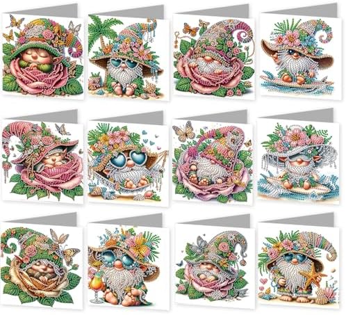 12 Pack Diamond Painting Greeting Cards Kit with Envelopes, 5D DIY Floral Hat Gnome Diamond Art Cards, Birthday Thank You All Occasion Cards for Women Adults Beginners by POETRYDRAW