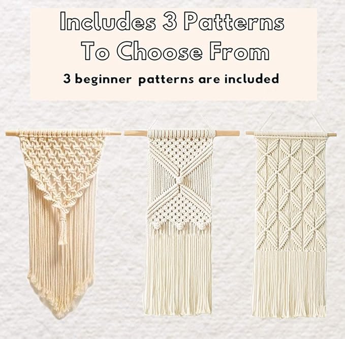 RQWZBCHX DIY Macrame Wall Hanging Kits, 3 Patterns Macrame DIY Wall Hangers for Beginners, Home Decor with 200 Meters Macrame Cord, 3 PCS Wooden Dowels and Instruction Booklet for Macrame Starters