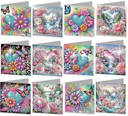12 Pack Diamond Painting Greeting Cards Kit with Envelopes, 5D DIY Heart Flower Butterfly Hummingbird Diamond Art Cards, Mothers Day Valentines Birthday Cards for Women Her by POETRYDRAW