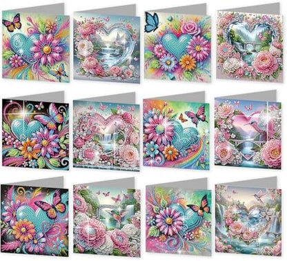 12 Pack Diamond Painting Greeting Cards Kit with Envelopes, 5D DIY Heart Flower Butterfly Hummingbird Diamond Art Cards, Mothers Day Valentines Birthday Cards for Women Her by POETRYDRAW