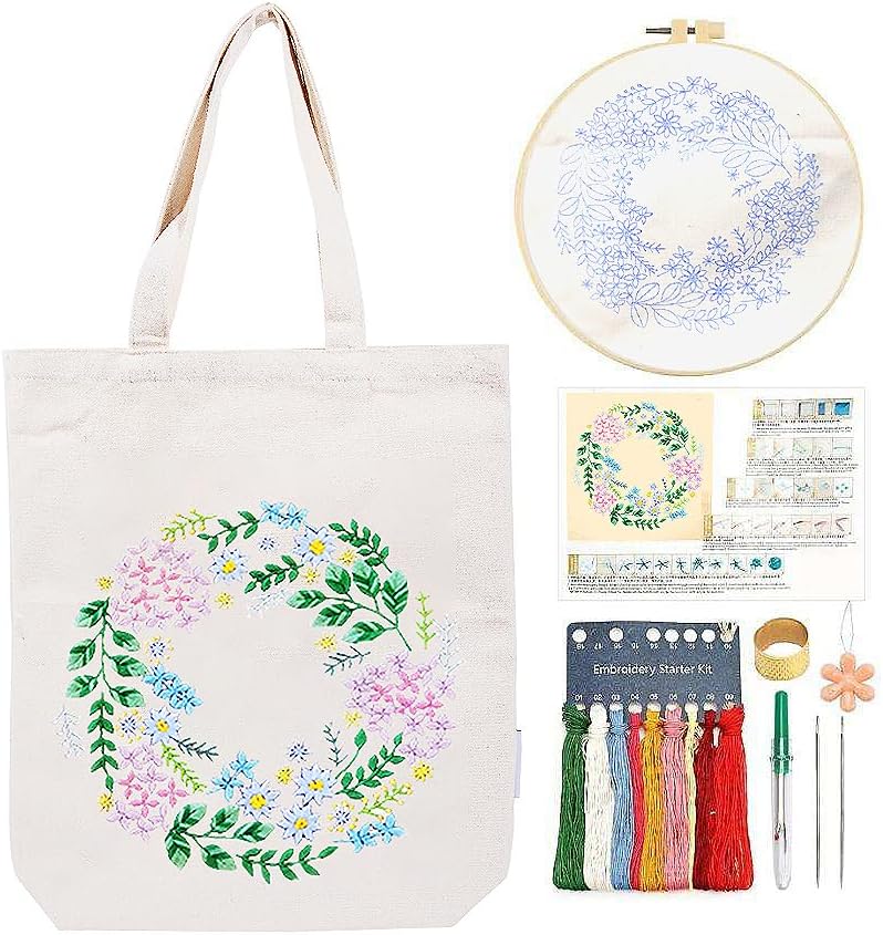 CREAWONDER Canvas Tote Bag Embroidery Kit with Pattern for Beginners, Arts and DIY Embroidery Crafts Kits for Adults, Include Instructions, Thimble, Embroidery Hoops, Color Threads and Tool by Unknown