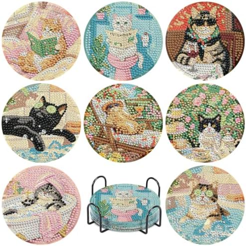 8 Pcs Cat Diamond Art Coasters Kit for Adults, Diamond Painting Coasters by hkejoi