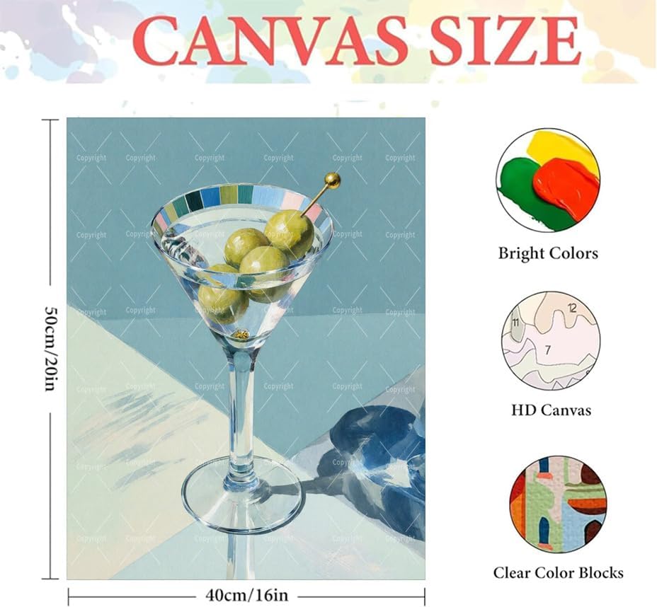 Sceorixa Drink Paint By Numbers Kit for Adults - DIY Martini Glass Olives Painting On Canvas 16X20 in, Acrylic Paint Set, Suitable for Beginners, Bar Decor Art for Home Decoration Or Gifts, Unframed - Image 2