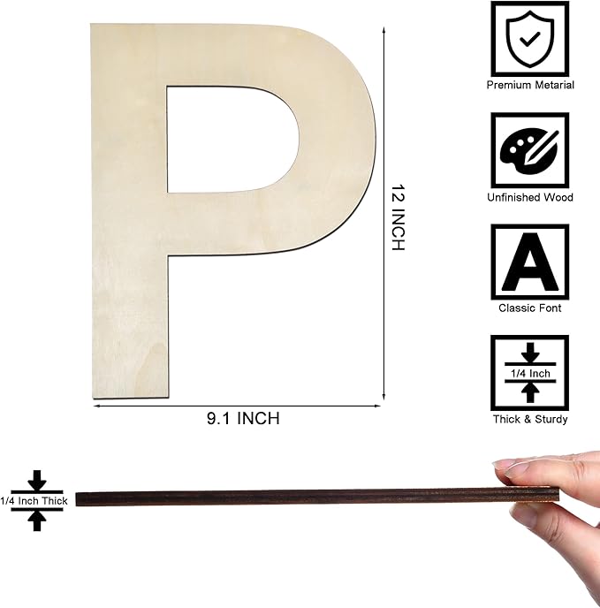 12 Inch Wooden Letter P, 1/4 Inch Thick Large Unfinished Wood Letter for Home Wall Decor, DIY Crafts